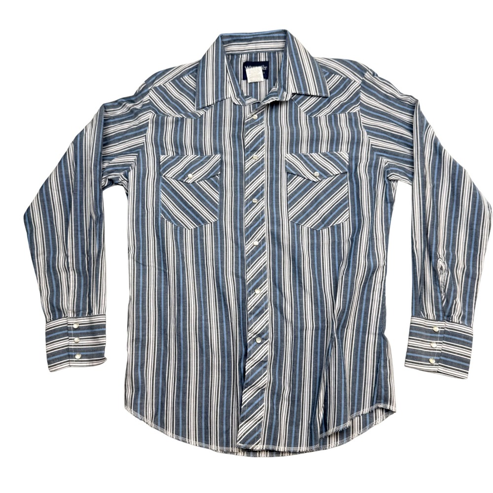 Vintage Wrangler Western Shirt Mens Medium Blue Striped Pearl Snap Long Sleeve